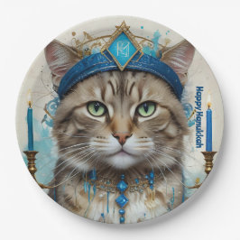 Plato De Papel Gato festivo disfrazado de saludo en Hanukkah