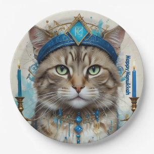 Plato De Papel Gato festivo disfrazado de saludo en Hanukkah