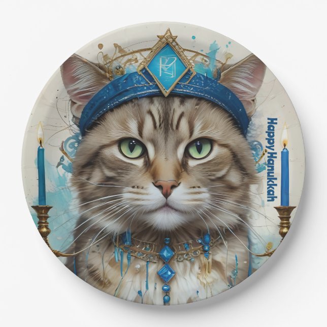 Plato De Papel Gato festivo disfrazado de saludo en Hanukkah (Anverso)