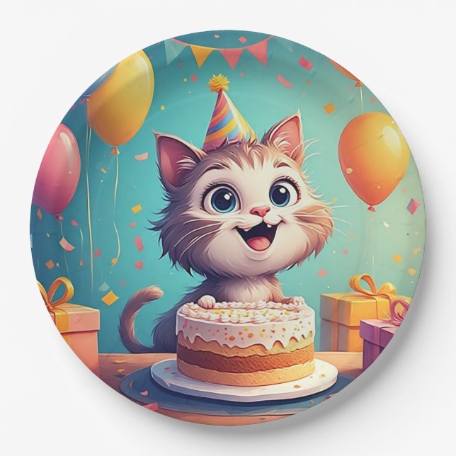 Plato De Papel Gato Fiesta Adorable con pastel y globos (Anverso)