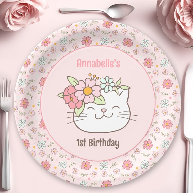Plato De Papel Gato gatito gatito gatito Chica rosado primero toa (Kitten Kitty Cat Pink Girl 1st Birthday Napkins Paper Plates)
