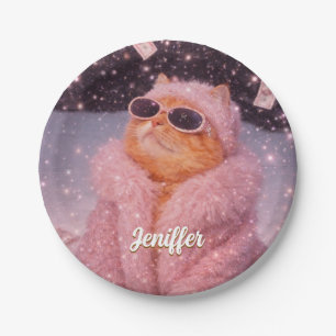 Plato De Papel Gato Glam Money con abrigo de piel rosa y gafas de