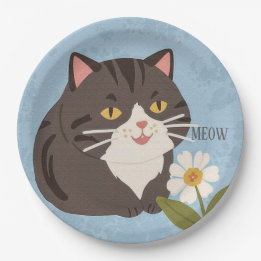 Plato De Papel Gato Gris Encantador y Lindo con Flor de Manzanill