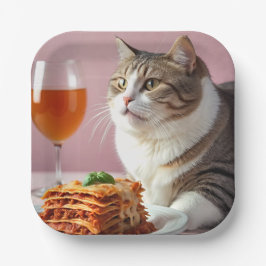 Plato De Papel Gato gris puro con lasagna y vidrio de vino
