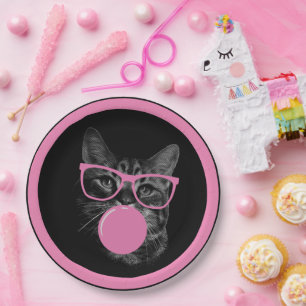Plato De Papel Gato Guay con gafas rosas y goma de burbuja
