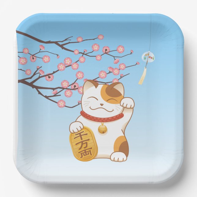 Plato De Papel Gato japonés con suerte de calico, Maneki Neko (Anverso)