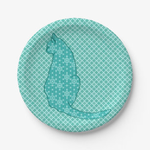 Plato De Papel Gato japonés - Impresión de kimono turquesa