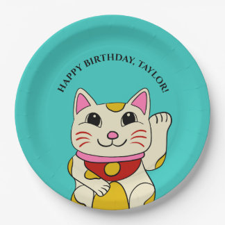 Plato De Papel Gato japonés Maneki Neko agitando Cumpleaños