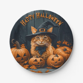 Plato De Papel Gato jengibre con calabazas Halloween