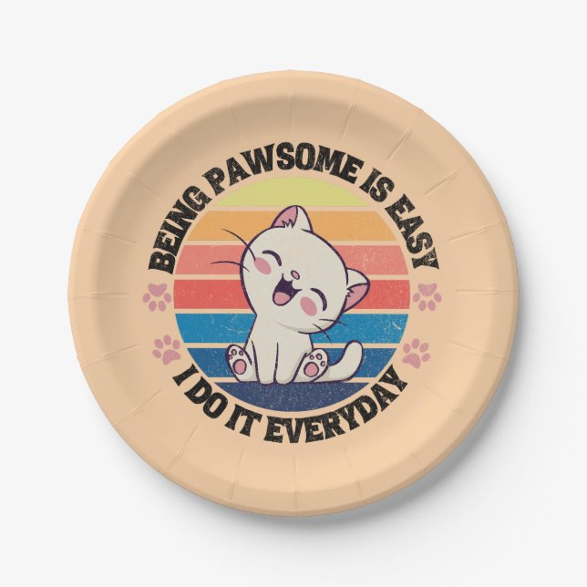 Plato De Papel Gato kawaii blanco (Anverso)