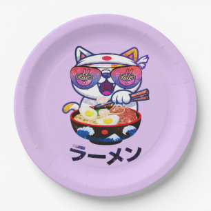Plato De Papel Gato Kawaii comiendo Ramen - Aburridos fideos japo