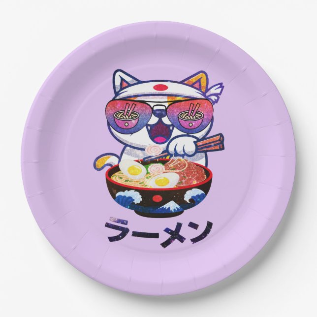Plato De Papel Gato Kawaii comiendo Ramen - Aburridos fideos japo (Anverso)
