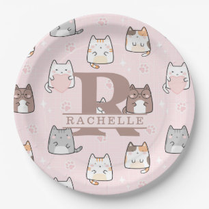 Plato De Papel Gato Kawaii de fondo rosado