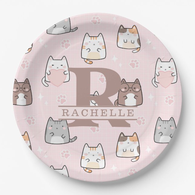 Plato De Papel Gato Kawaii de fondo rosado (Anverso)
