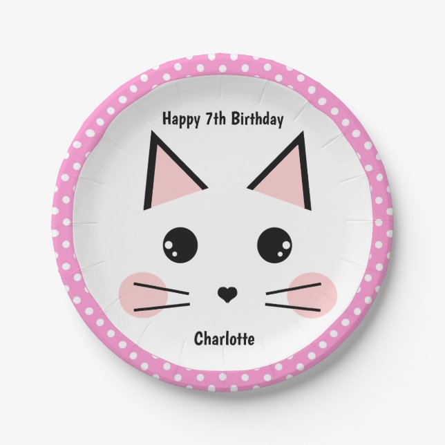 Plato De Papel Gato Kitty de Punto Rosa Personalizado (Anverso)