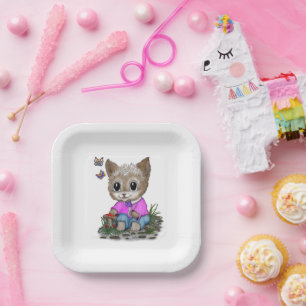 Plato De Papel Gato Kitty y mariposa