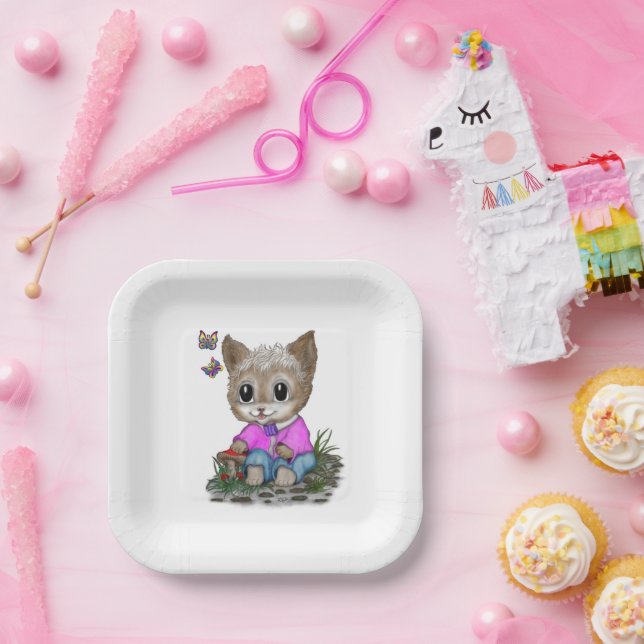 Plato De Papel Gato Kitty y mariposa (Fiesta)