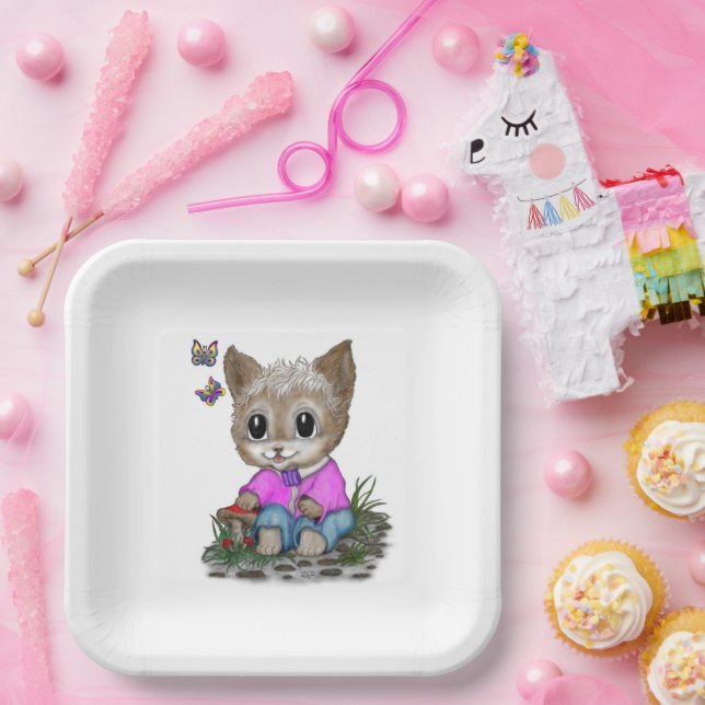 Plato De Papel Gato Kitty y mariposa (Fiesta)