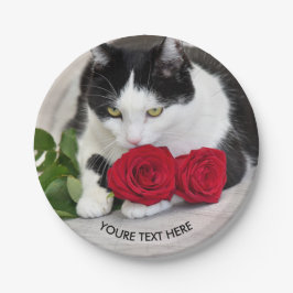 Plato De Papel Gato lindo con la rosa roja