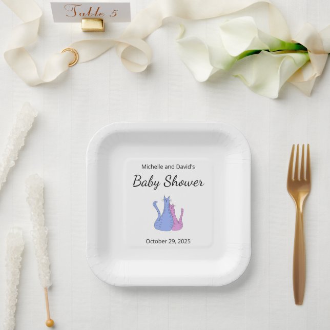 Plato De Papel Gato lindo gemelosBebé ducha rosa azul (Boda)