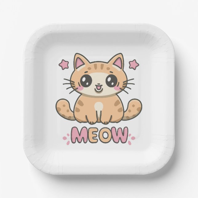 Plato De Papel gato lindo maúlla (Anverso)