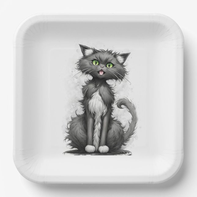 Plato De Papel Gato Loco En Blanco (Anverso)
