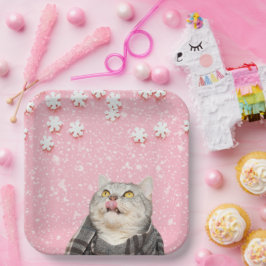 Plato De Papel Gato Luchando Copos de nieve Placas de papel cuadr