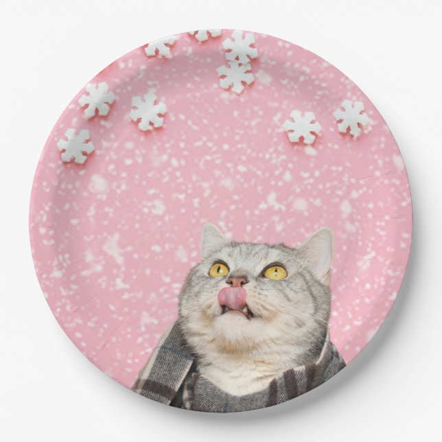 Plato De Papel Gato Luchando Copos de nieve Placas de papel redon (Anverso)