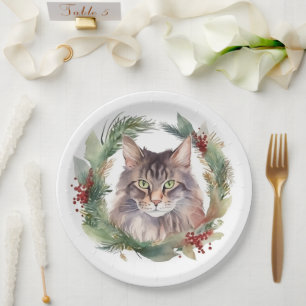 Plato De Papel Gato Maine Coon Corona de Navidad Gatito Festivo