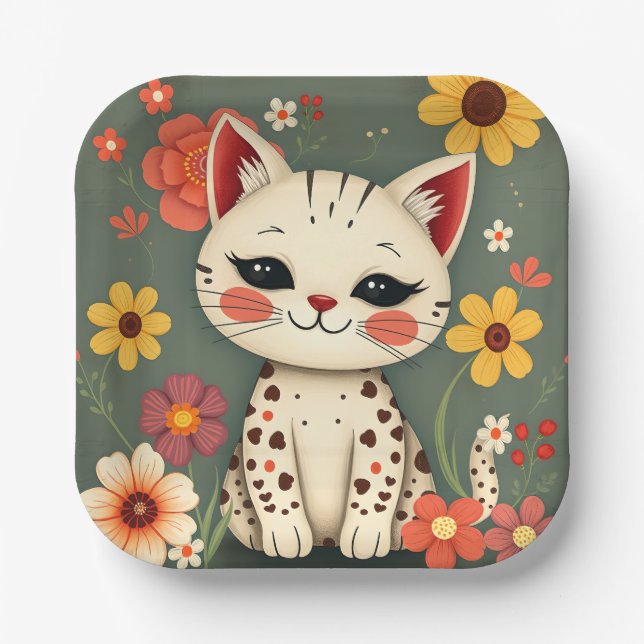 Plato De Papel Gato Manchado Feliz con Flores (Anverso)