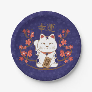 Plato De Papel Gato Maneki-neko con buena suerte kanji