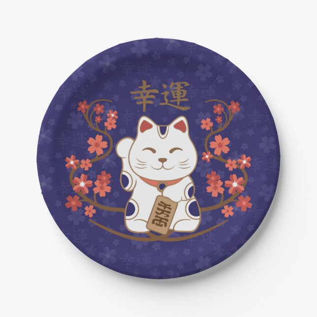 Plato De Papel Gato Maneki-neko con buena suerte kanji (Anverso)