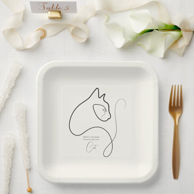 Plato De Papel Gato Minimalista negro y crema (Boda)