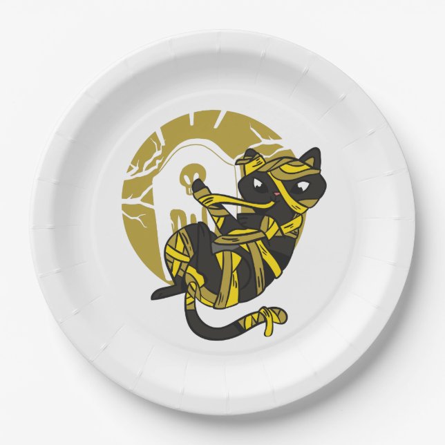 Plato De Papel Gato momia Halloween (Anverso)