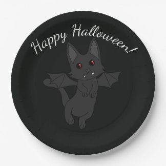 Plato De Papel Gato Murciélago Halloween Feliz Halloween