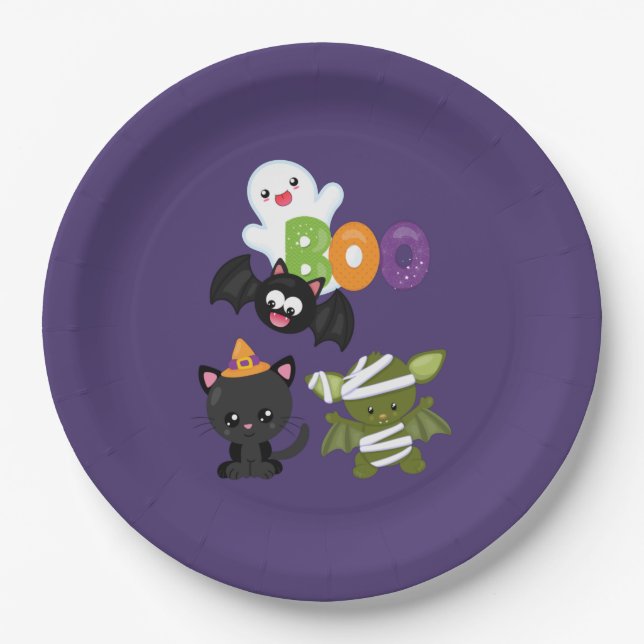 Plato De Papel Gato, murciélago, momia y fantasma de Halloween (Anverso)