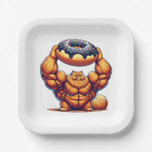 Plato De Papel Gato Musculoso Levantando Donut