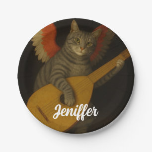 Plato De Papel Gato músico alado tocando el laúd Arte