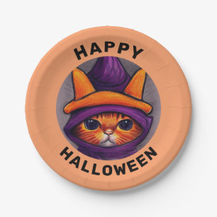 Plato De Papel Gato naranja con Gorra bruja morado Feliz Hallowee
