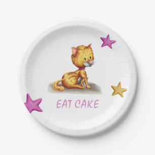 Plato De Papel Gato naranja gatito rosa lindo