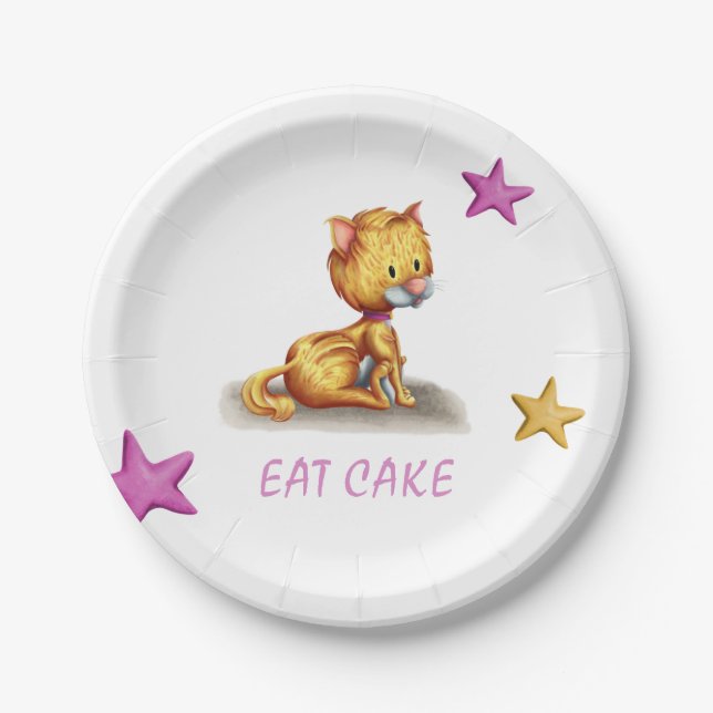 Plato De Papel Gato naranja gatito rosa lindo (Anverso)