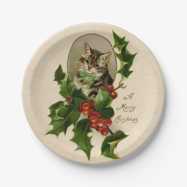 Plato De Papel Gato Navidades Merry Holly Kitten Arte Antiguo (Anverso)