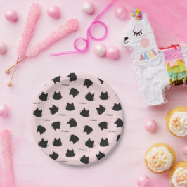 Plato De Papel Gato Negro Adorable Patrón Rosa Meow Gatito