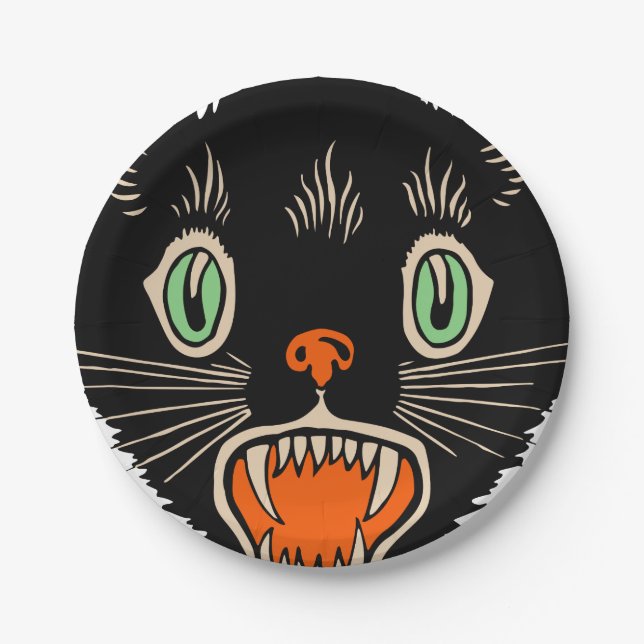Plato De Papel Gato negro asustado de Halloween (Anverso)