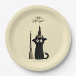 Plato De Papel Gato negro caprichoso Feliz Halloween