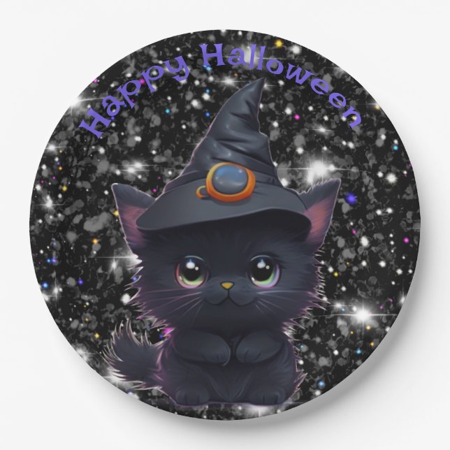 Plato De Papel Gato negro chiflado de Halloween (Anverso)