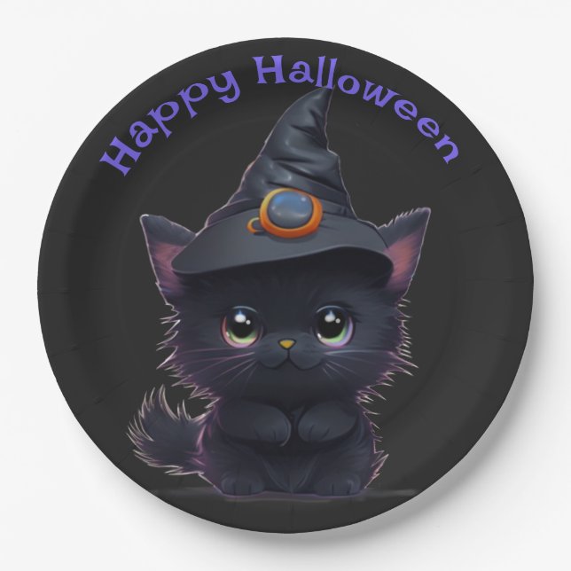Plato De Papel Gato negro chiflado de Halloween (Anverso)