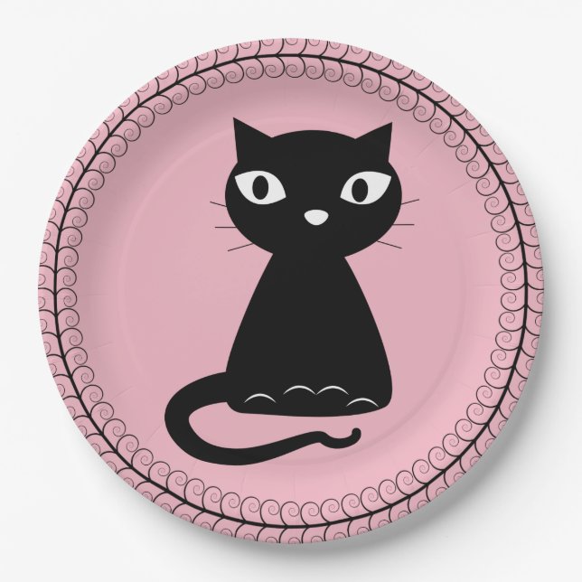 Plato De Papel Gato negro con cola curva (Anverso)