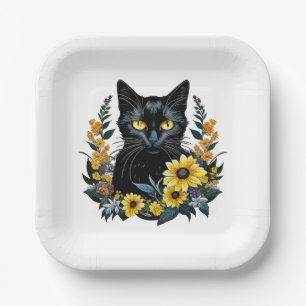 Plato De Papel gato negro con flores