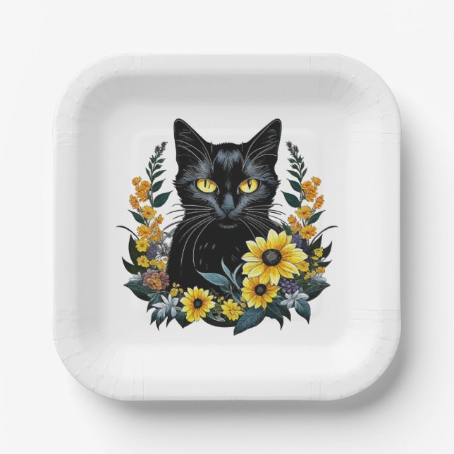 Plato De Papel gato negro con flores (Anverso)